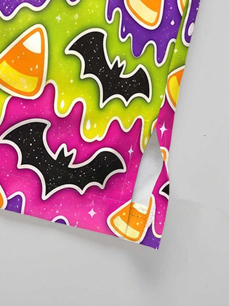 PopScrub Halloween Colorful Gradient Pumpkin Ghost Bat Print Women's Scrub Top, Fashion V-Neck Short Sleeve With Pockets And Side Slit Design, Spring/Summer Uniform Top, Suitable For Hospitals, Beauty Salons And Various Institutions - Multicolor - View 3