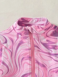 SHEIN 青少年女孩 3 件套大理石印花套裝，時尚舒適高彈力運動健身休閒運動公主風背心，適合秋季與萬聖節 - 粉色 - 查看 4
