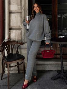 SHEIN Plus Size Women Grey Solid Color Mock Neck Pocket Stitch Detailed Pullover Sweater Pants Set Vacation Graduation Casual Elegant Homewear - Grey - View 8