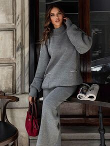 SHEIN Plus Size Women Grey Solid Color Mock Neck Pocket Stitch Detailed Pullover Sweater Pants Set Vacation Graduation Casual Elegant Homewear - Grey - View 7