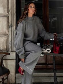 SHEIN Plus Size Women Grey Solid Color Mock Neck Pocket Stitch Detailed Pullover Sweater Pants Set Vacation Graduation Casual Elegant Homewear - Grey - View 3
