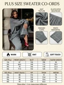 SHEIN Plus Size Women Grey Solid Color Mock Neck Pocket Stitch Detailed Pullover Sweater Pants Set Vacation Graduation Casual Elegant Homewear - Grey - View 4