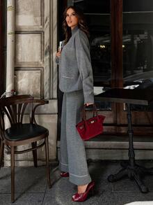 SHEIN Plus Size Women Grey Solid Color Mock Neck Pocket Stitch Detailed Pullover Sweater Pants Set Vacation Graduation Casual Elegant Homewear - Grey - View 9