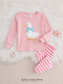 SHEIN Infant Toddler Cute Comfortable Cartoon Print Pattern Fitted Pajama Set Loungewear Set - Pink - View 3
