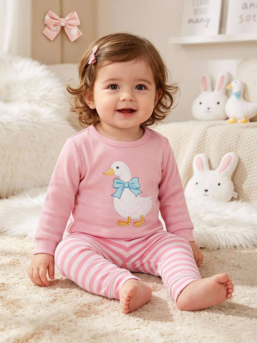 SHEIN Infant Toddler Cute Comfortable Cartoon Print Pattern Fitted Pajama Set Loungewear Set - Pink - View 1