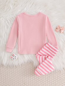 SHEIN Infant Toddler Cute Comfortable Cartoon Print Pattern Fitted Pajama Set Loungewear Set - Pink - View 2
