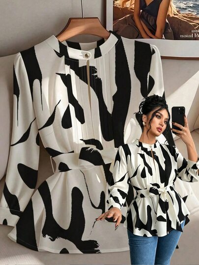 Breezaya Women's Plus Size Round Neck Long Sleeve Pleated Print Fashion Blouse, All White Casual Top, Suitable For Indoor And Outdoor Wear In Autumn/Winter