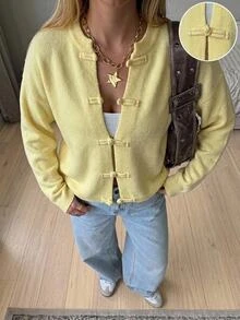 CovetEZ 女款秋冬休閒法式可愛百搭青蛙鈕扣針織衫 淺黃色 早午餐風 - 黃色 - 查看 2