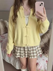 CovetEZ 女款秋冬休閒法式可愛百搭青蛙鈕扣針織衫 淺黃色 早午餐風 - 黃色 - 查看 6