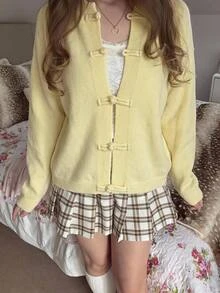 CovetEZ 女款秋冬休閒法式可愛百搭青蛙鈕扣針織衫 淺黃色 早午餐風 - 黃色 - 查看 3