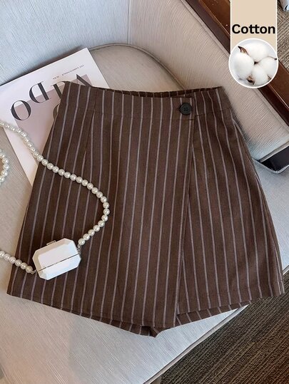 Muvela Women's Frenchy Striped Print Cotton High Waist Skorts Vintage Button Detail Wrap Skirt Shorts Women Commuter Casual A-Line Mini Skirt 2026