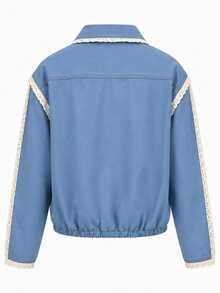 Zerodot Women Blue Denim Contrast Lace Detail Elegant Collared Blouson Jacket Party Going Out Fall - Blue - View 5