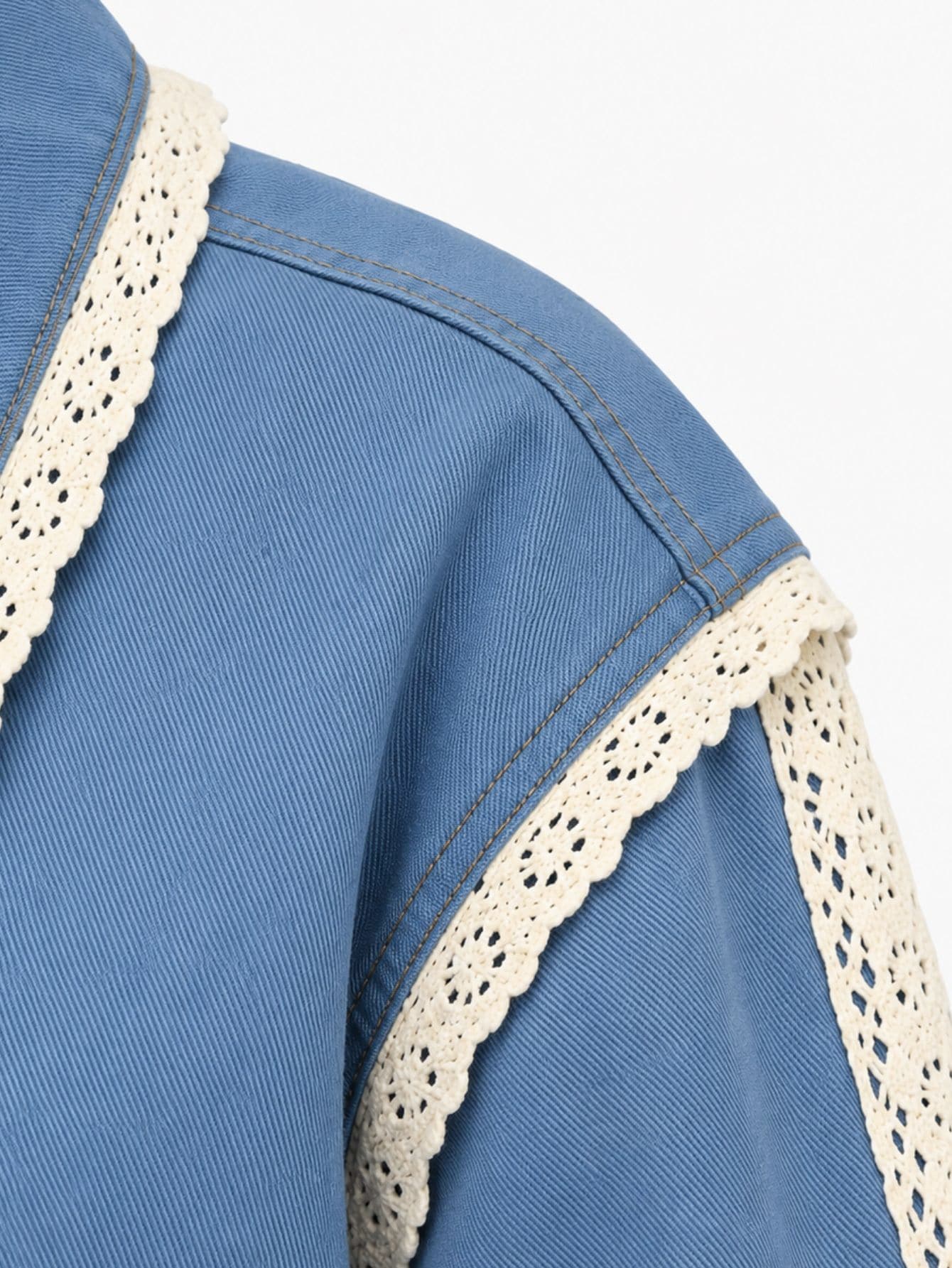 Blue Denim Contrast Lace Detail Collared Blouson Jacket, view 7