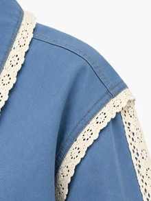 Zerodot Women Blue Denim Contrast Lace Detail Elegant Collared Blouson Jacket Party Going Out Fall - Blue - View 7