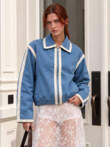 Zerodot Women Blue Denim Contrast Lace Detail Elegant Collared Blouson Jacket Party Going Out Fall - Blue - View 1