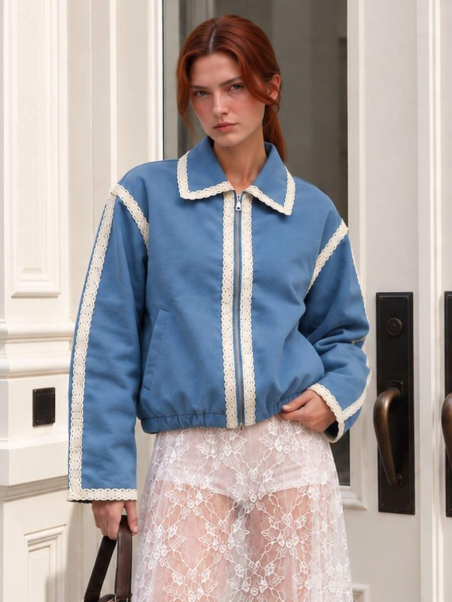 Zerodot Women Blue Denim Contrast Lace Detail Elegant Collared Blouson Jacket Party Going Out Fall - Blue - View 1