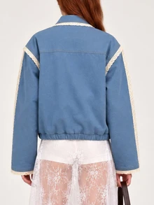 Zerodot Women Blue Denim Contrast Lace Detail Elegant Collared Blouson Jacket Party Going Out Fall - Blue - View 2