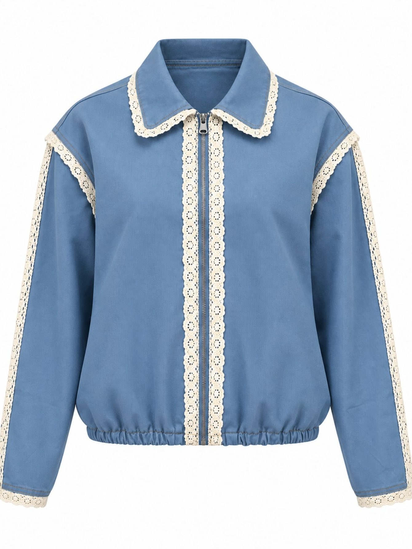 Blue Denim Contrast Lace Detail Collared Blouson Jacket, view 4