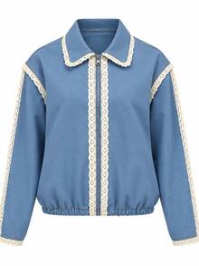 Zerodot Women Blue Denim Contrast Lace Detail Elegant Collared Blouson Jacket Party Going Out Fall - Blue - View 4
