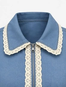 Zerodot Women Blue Denim Contrast Lace Detail Elegant Collared Blouson Jacket Party Going Out Fall - Blue - View 6