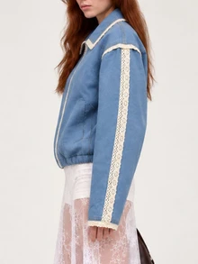 Zerodot Women Blue Denim Contrast Lace Detail Elegant Collared Blouson Jacket Party Going Out Fall - Blue - View 3