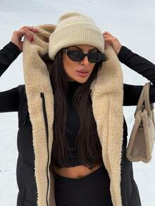 SHEIN جاكيت كلاسي اللون قابلة للعكس مبطنة بسحاب أمامي وجيوب وغطاء رأس برباط شد - الأسود - مشاهدة 5