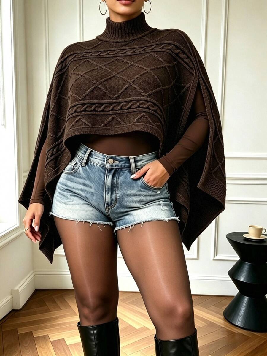 Flirla Poncho de punto de cable con cuello alto talla grande | Mode de ...