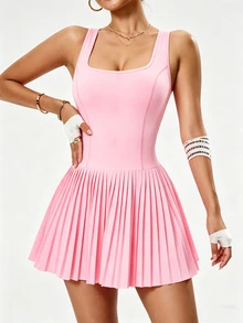 Sovereign Charm Women's Solid Color Pleated Hem Sports Dress With Pockets Shorts Set Tennis Dress - Pink - View 5