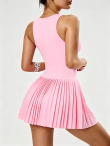 Sovereign Charm Women's Solid Color Pleated Hem Sports Dress With Pockets Shorts Set Tennis Dress - Pink - View 4