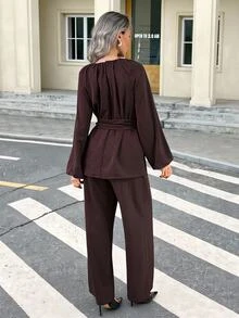 Serisse Women's Solid Color Round Neck Raglan Long Sleeve Shirt And Pants Casual 2 Pieces Set - Brown - View 2