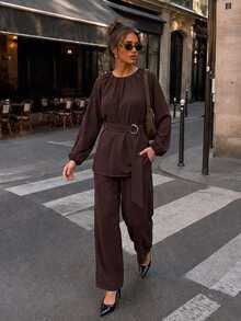 Serisse Women's Solid Color Round Neck Raglan Long Sleeve Shirt And Pants Casual 2 Pieces Set - Brown - View 1