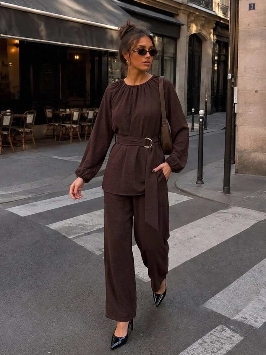 Serisse Women's Solid Color Round Neck Raglan Long Sleeve Shirt And Pants Casual 2 Pieces Set - Brown - View 1