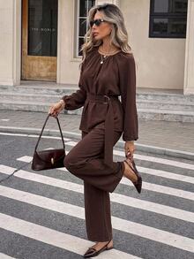 Serisse Women's Solid Color Round Neck Raglan Long Sleeve Shirt And Pants Casual 2 Pieces Set - Brown - View 9