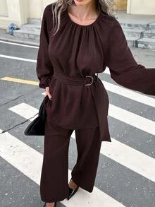 Serisse Women's Solid Color Round Neck Raglan Long Sleeve Shirt And Pants Casual 2 Pieces Set - Brown - View 7