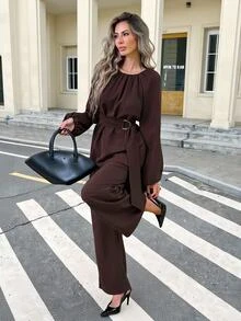 Serisse Women's Solid Color Round Neck Raglan Long Sleeve Shirt And Pants Casual 2 Pieces Set - Brown - View 3