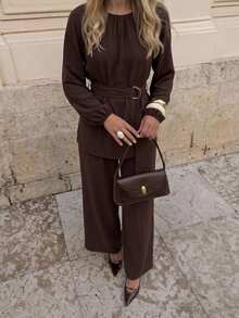 Serisse Women's Solid Color Round Neck Raglan Long Sleeve Shirt And Pants Casual 2 Pieces Set - Brown - View 6