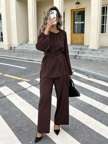 Serisse Women's Solid Color Round Neck Raglan Long Sleeve Shirt And Pants Casual 2 Pieces Set - Brown - View 5