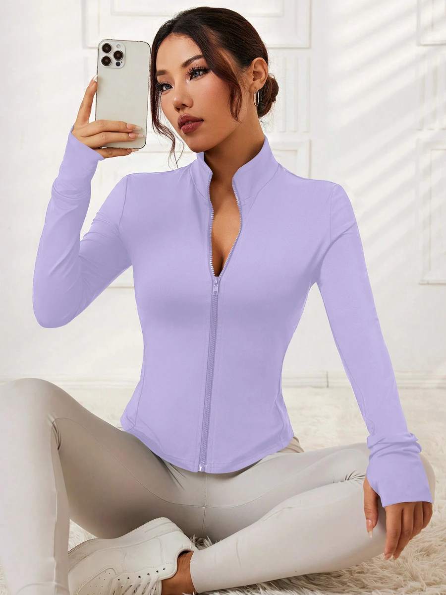 Sovereign Charm Chaqueta deportiva morada de mujer de unicolor, con cremallera, de manga larga, estilo casual, simple y cómoda, para hacer ejercicio - Morado - Ver 1