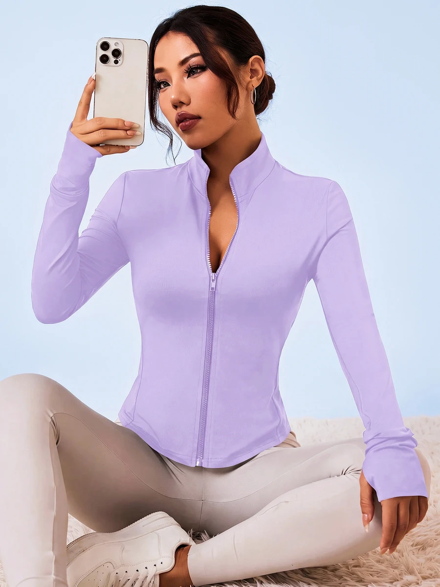 Sovereign Charm Chaqueta deportiva morada de mujer de unicolor, con cremallera, de manga larga, estilo casual, simple y cómoda, para hacer ejercicio - Morado - Ver 1