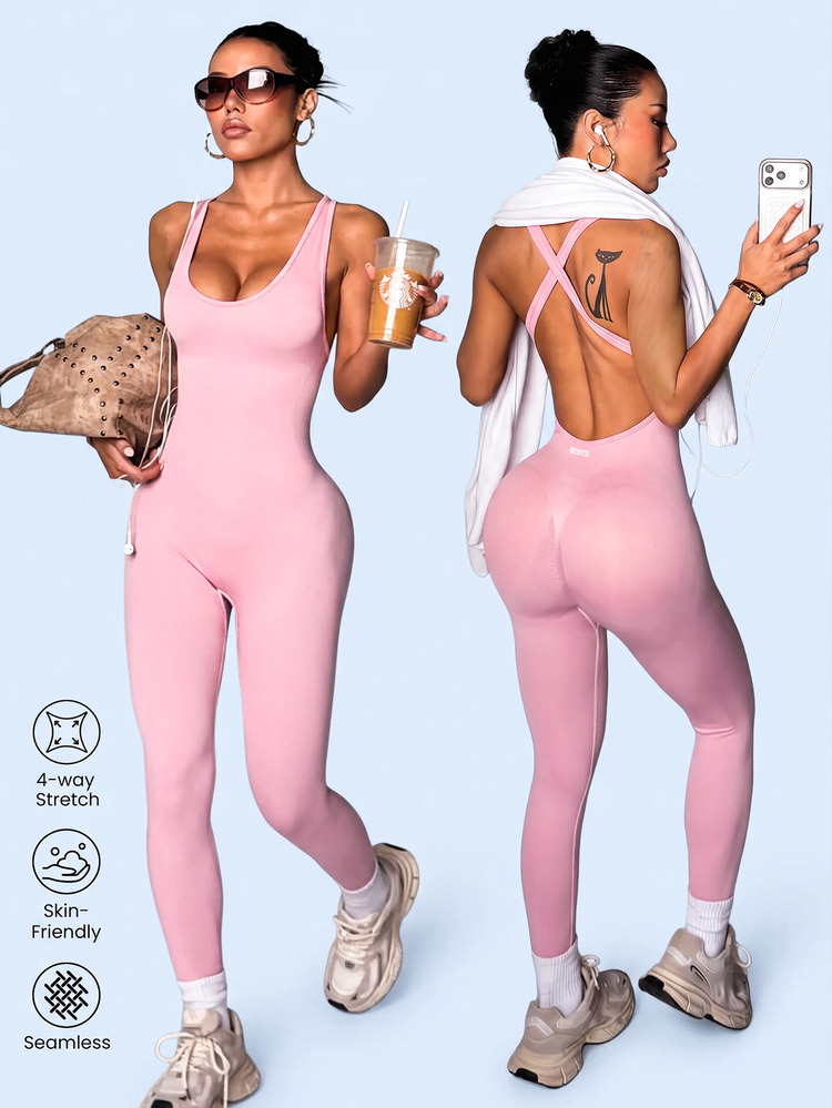 Sovereign Charm Women's Sleeveless Solid Color Minimalist Hollow-Out Casual Sexy Sports Jumpsuit - Pink - View 1