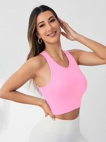 SHEIN Sovereign Charm Women's Cross Back Seamless Workout Tank Top Fitted Shirtworkout Tank Top - Pink - View 4