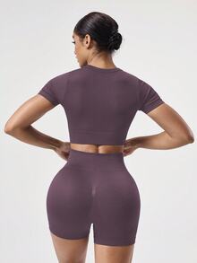 SHEIN Sovereign Charm 2 件套 + 常规版型 + 吸湿排汗面料/罗纹 + 圆领/基本款/海军蓝 + 运动服套装 + 无缝/健身/瑜伽 - Bold Plum - 查看 3