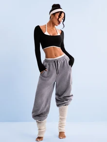 SHEIN Sovereign Charm Women's Long Sleeve Color Block Cropped Sports T-Shirt - Multicolor - View 1