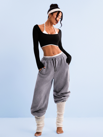 SHEIN Sovereign Charm Women's Long Sleeve Color Block Cropped Sports T-Shirt