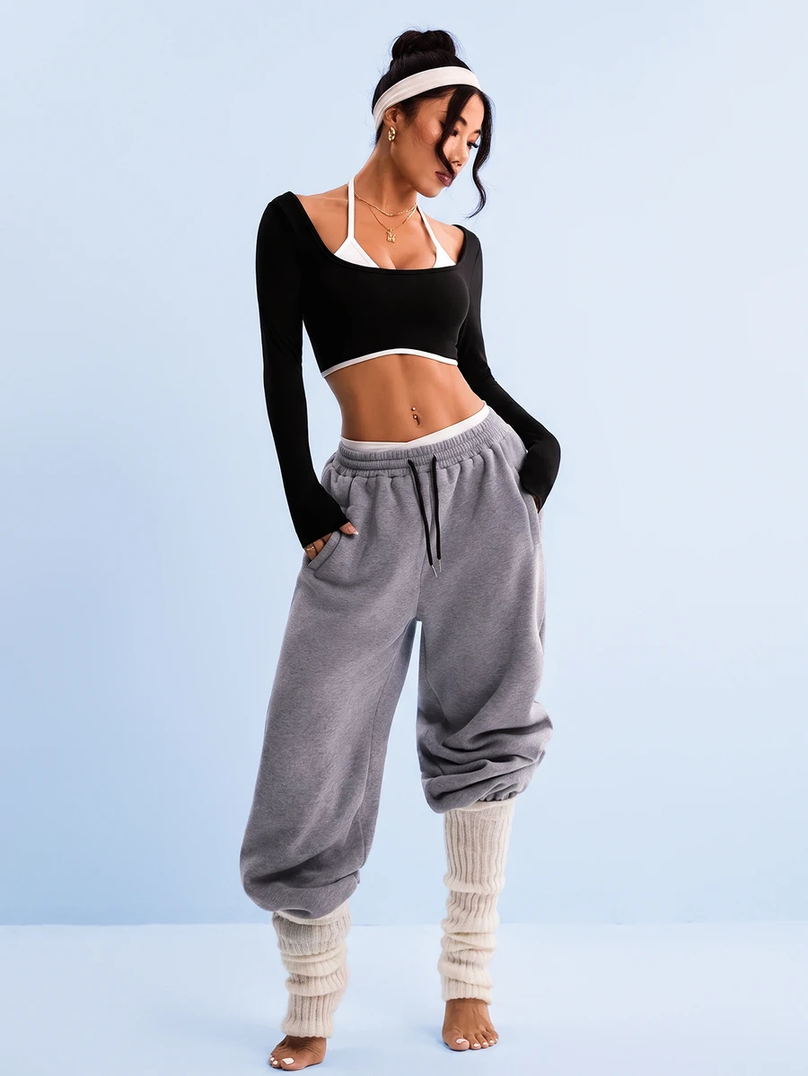 SHEIN Sovereign Charm Women's Long Sleeve Color Block Cropped Sports T-Shirt - Multicolor - View 1