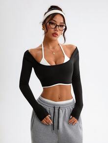 SHEIN Sovereign Charm Women's Long Sleeve Color Block Cropped Sports T-Shirt - Multicolor - View 6