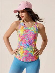SHEIN Sovereign Charm 彩色印花休闲网眼拼接多巴胺无袖修身运动背心 - 彩色 - 查看 7