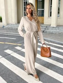 SHEIN Frenchy Women's Solid Color Pleated Casual Daily Wear Jumpsuit - Apricot - View 7