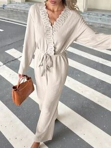 SHEIN Frenchy Women's Solid Color Pleated Casual Daily Wear Jumpsuit - Apricot - View 4