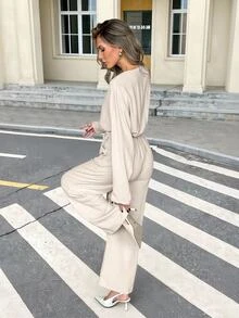 SHEIN Frenchy Women's Solid Color Pleated Casual Daily Wear Jumpsuit - Apricot - View 2